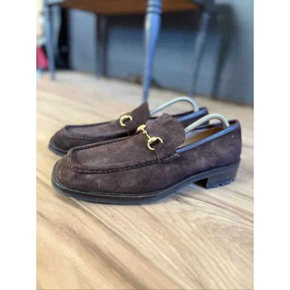 Gucci Mens Dark Brown Chocolate Suede Gold Horse-bit Buckle Loafers Size 10 - Picture 13 of 14